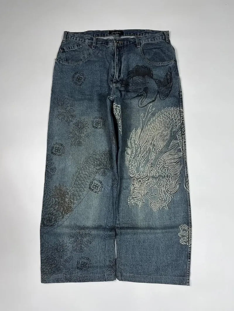 Jeans Baggy Stampa Drago Y2K – Hip Hop Streetwear Uomo