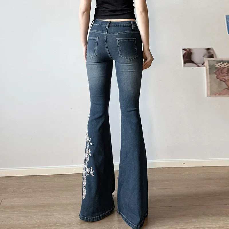 Y2K Retro Floral Baggy Jeans - Women's Low-Rise Flare