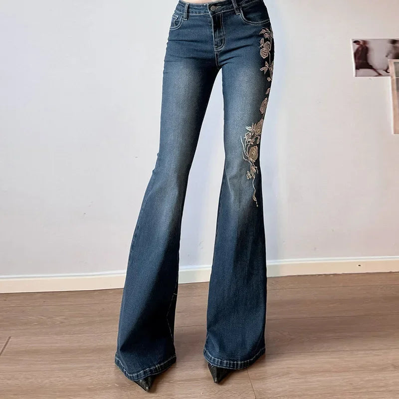 Y2K Retro Floral Baggy Jeans - Women's Low-Rise Flare