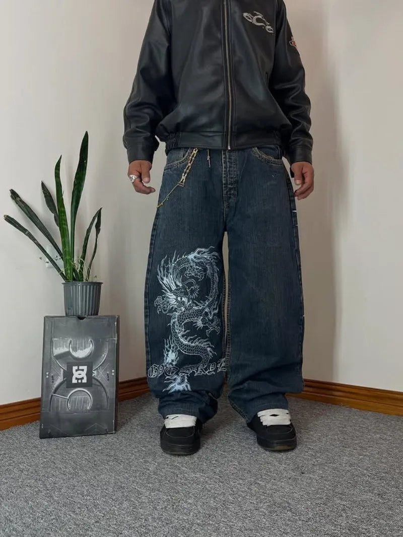 Jeans Baggy Stampa Drago Y2K – Hip Hop Streetwear Uomo