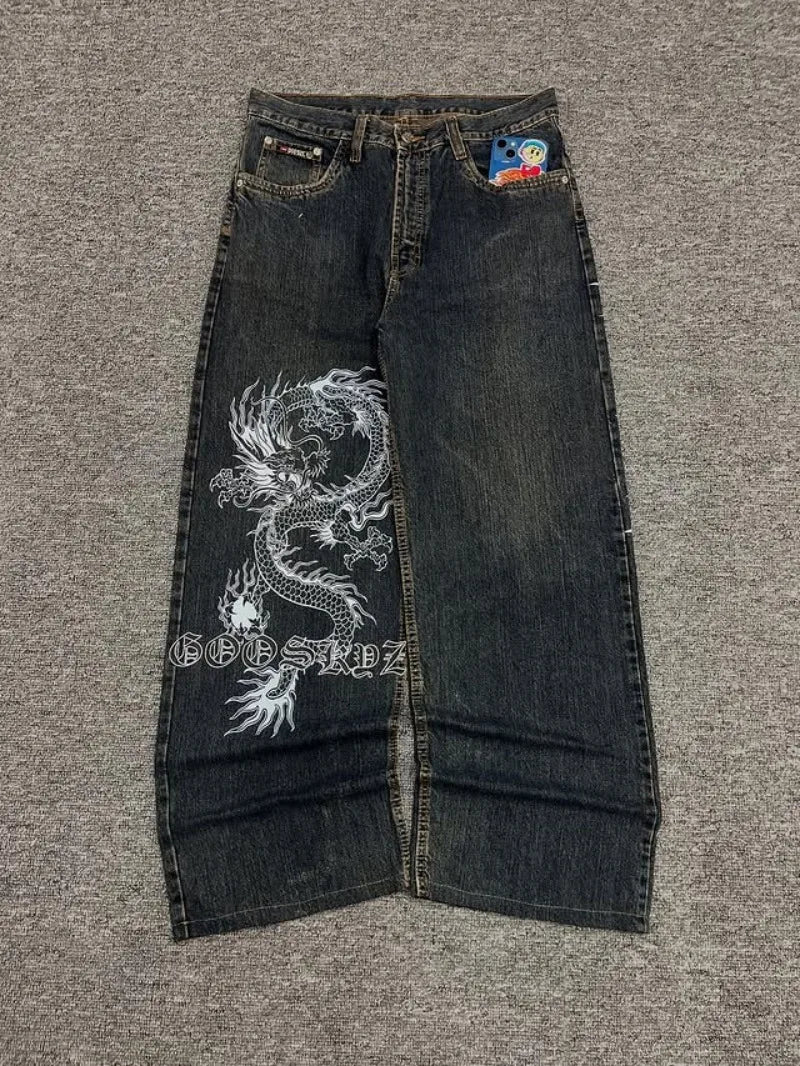 Jeans Baggy Stampa Drago Y2K – Hip Hop Streetwear Uomo