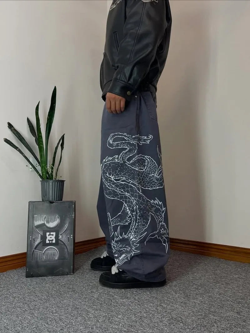 Jeans Baggy Stampa Drago Y2K – Hip Hop Streetwear Uomo