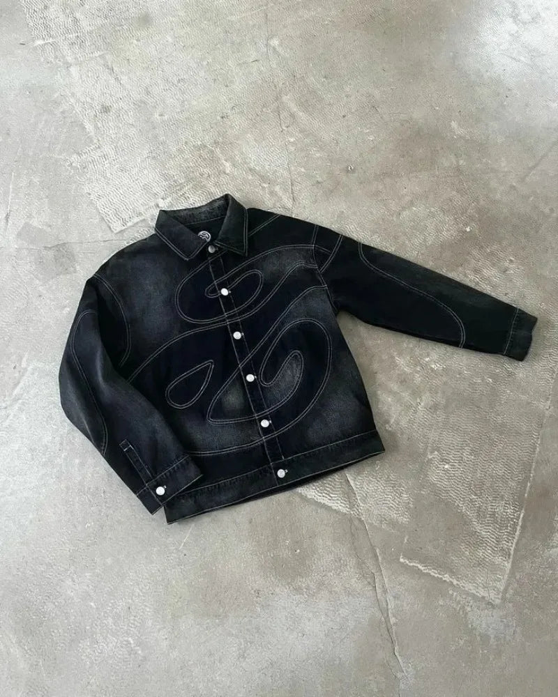 Completo Due Pezzi Y2K Harajuku – Giacca & Jeans Ricamati Stile Hip-Hop Retrò