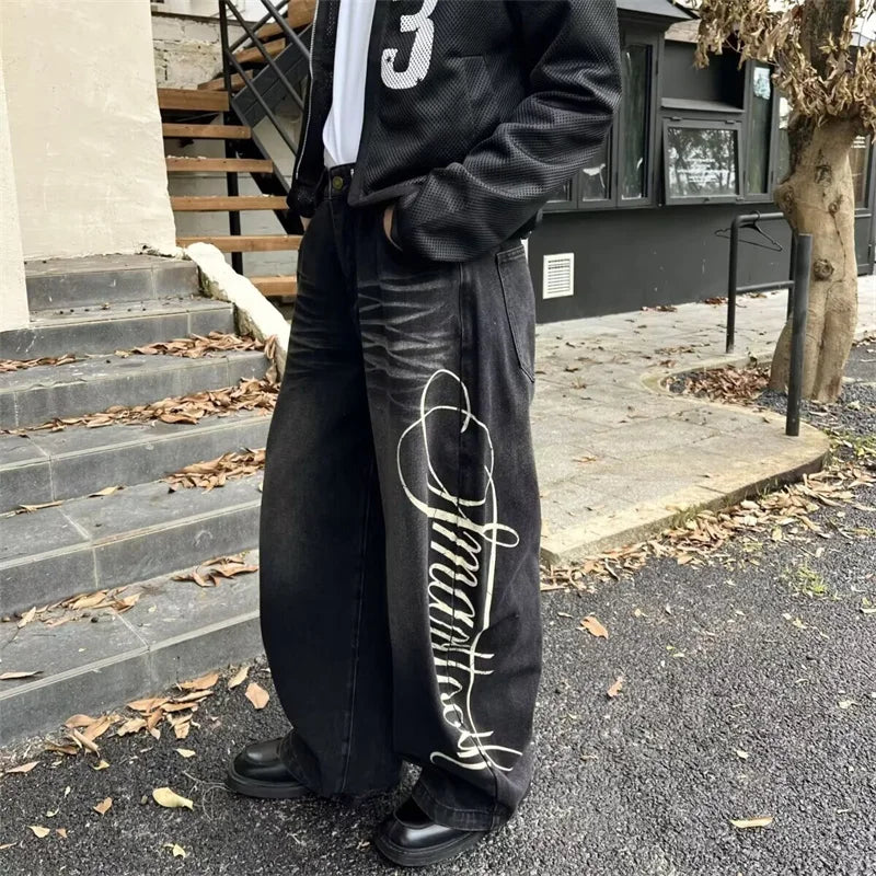 Jeans Baggy Stampa Lettering Y2K Retro – Streetwear Uomo
