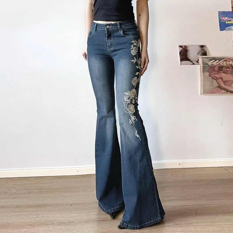 Y2K Retro Floral Baggy Jeans - Women's Low-Rise Flare