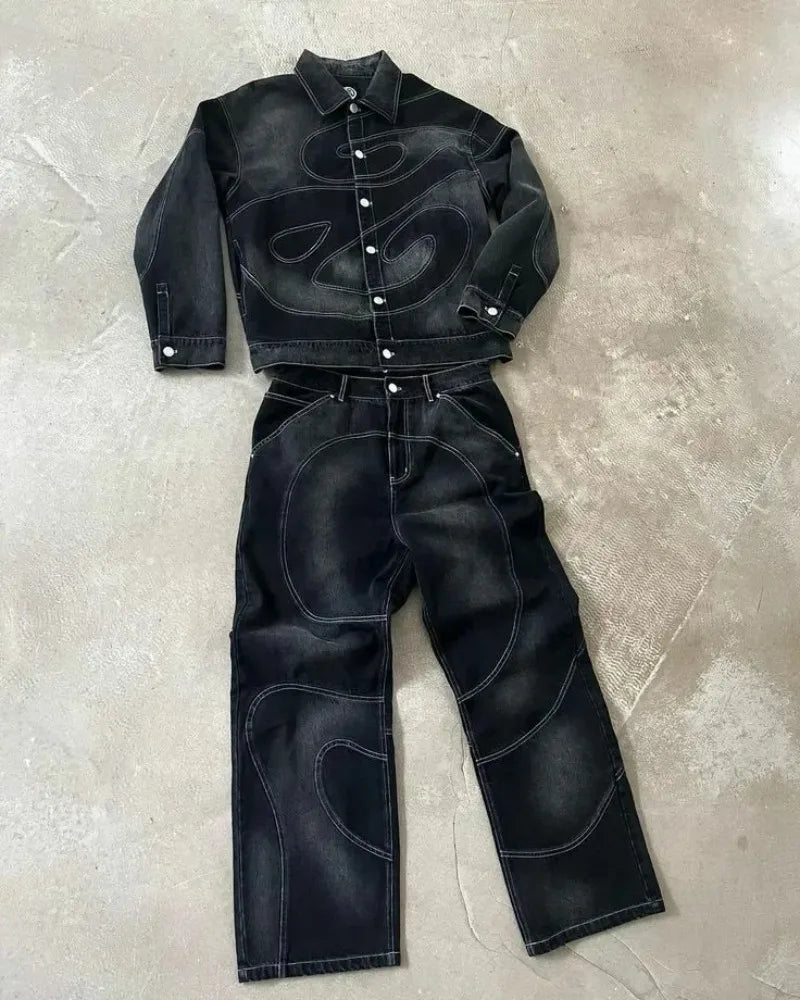 Completo Due Pezzi Y2K Harajuku – Giacca & Jeans Ricamati Stile Hip-Hop Retrò