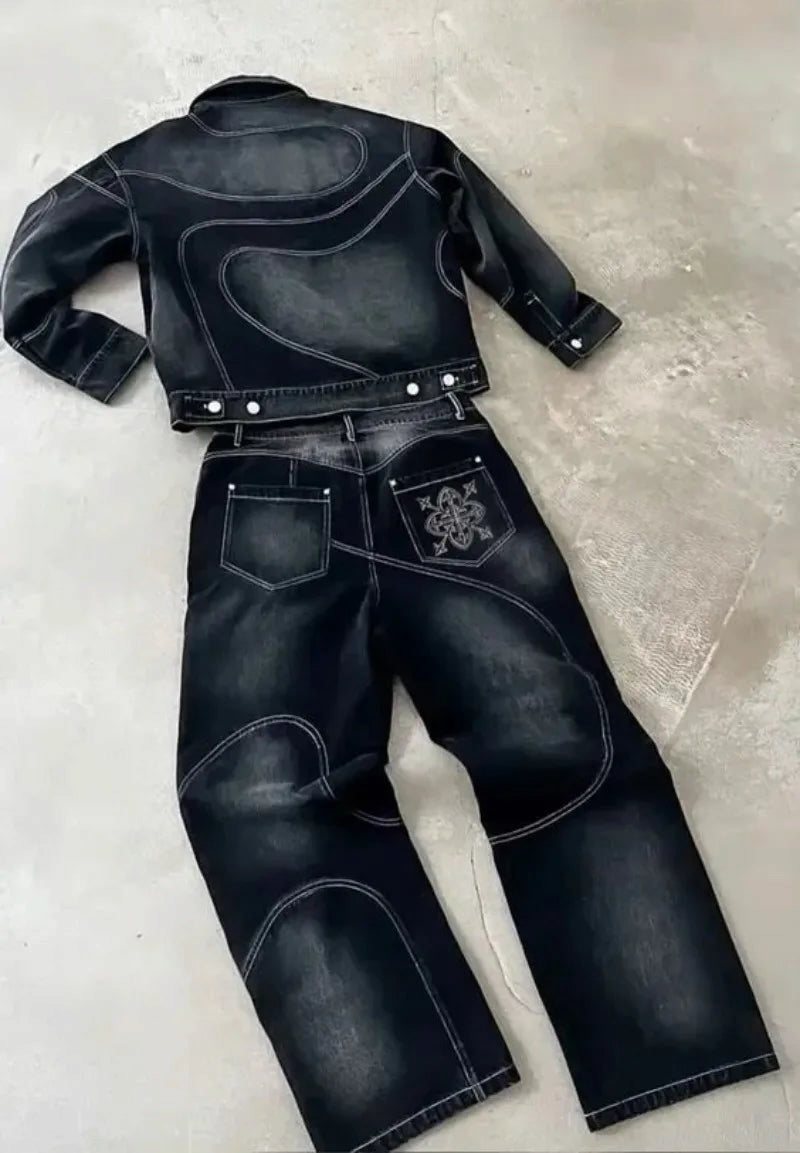 Jeans Patch Retrò A Righe Ricamate Giacca Completo Due Pezzi Y2k Tuta Uomo Harajuku hiphop Ricamati Jeans Larghi Giacca Vecchia